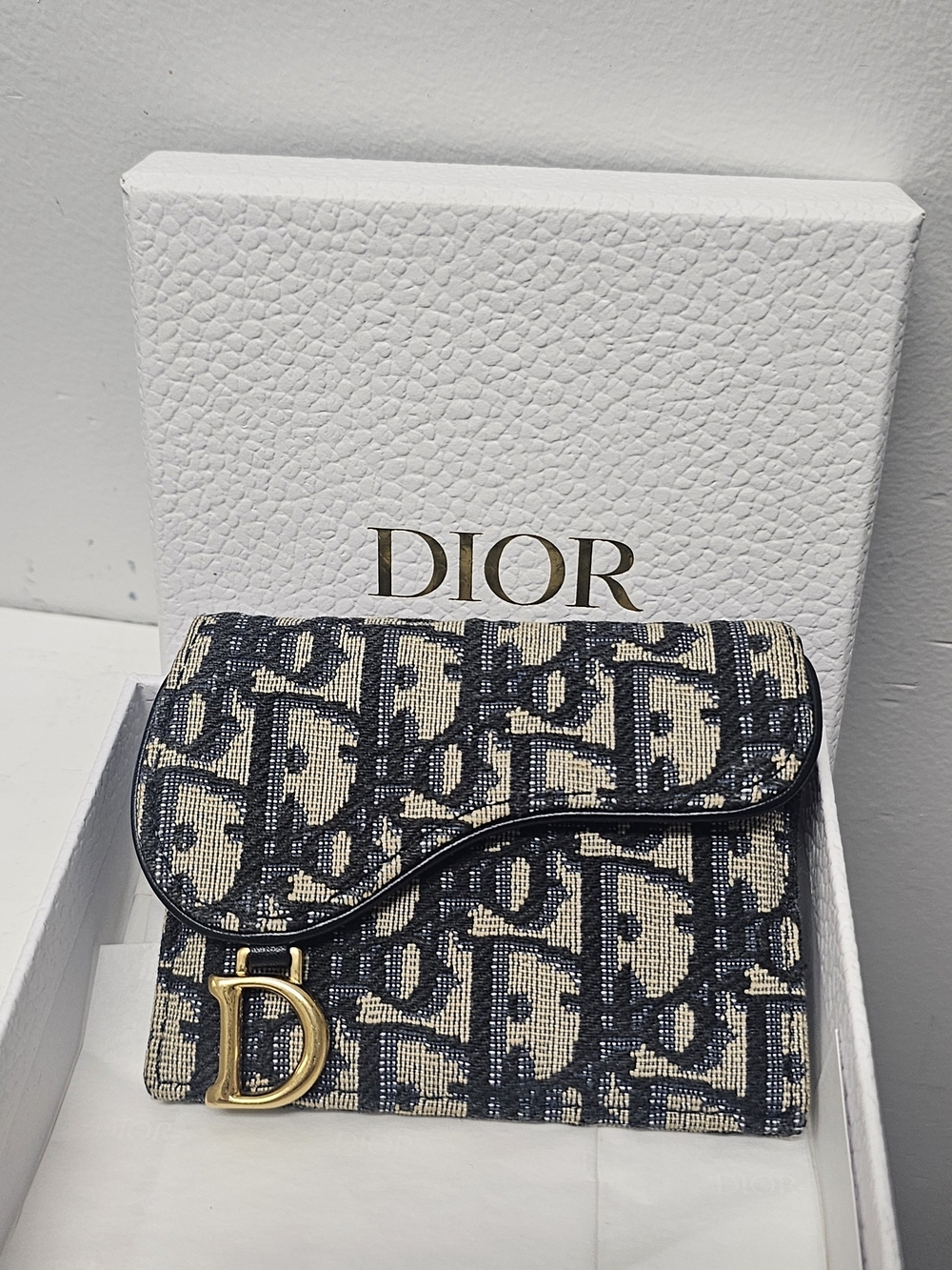 Dior Beige & Navy Oblique Canvas Wallet with Gold D Charm